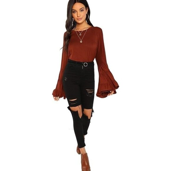 NWOT SheIn Orange Brown Red Rust 70s Boho Flowy Bell Sleeve Crop Blouse Top Sz M - Picture 7 of 9
